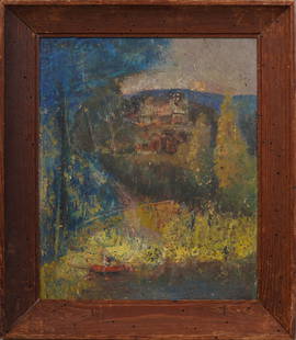 Antique American Modernist Abstract Landscape Framed Original Oil Painting: Antique American school modernist landscape oil painting. Oil on board. Framed. Please see all images for condition. Size is measured and written on the back of the painting. The first size is the ove