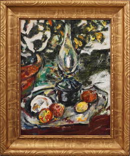 Antique American Modernist Kitchen Table Fruit Still Life Framed Original Oil Painting: Antique American oil painting. Oil on canvas. Framed. Please see all images for condition. Size is measured and written on the back of the painting. The first size is the overall size, the second size