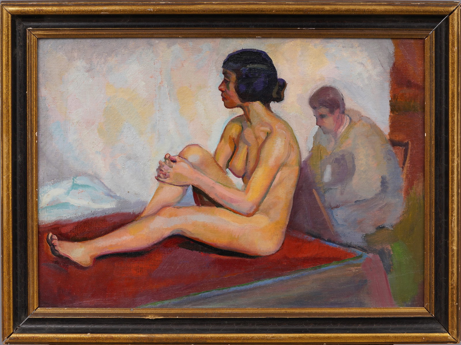 Antique Impressionist Boston School Nude Portrait Attributed Frederick Mulhaupt 1871-1938 Painting: Antique American impressionist oil painting of a nude woman. Oil on canvas. Signed. Framed. From a Boston collection, attributed to Frederick John Mulhaupt (1871 - 1938). Please see all images for con