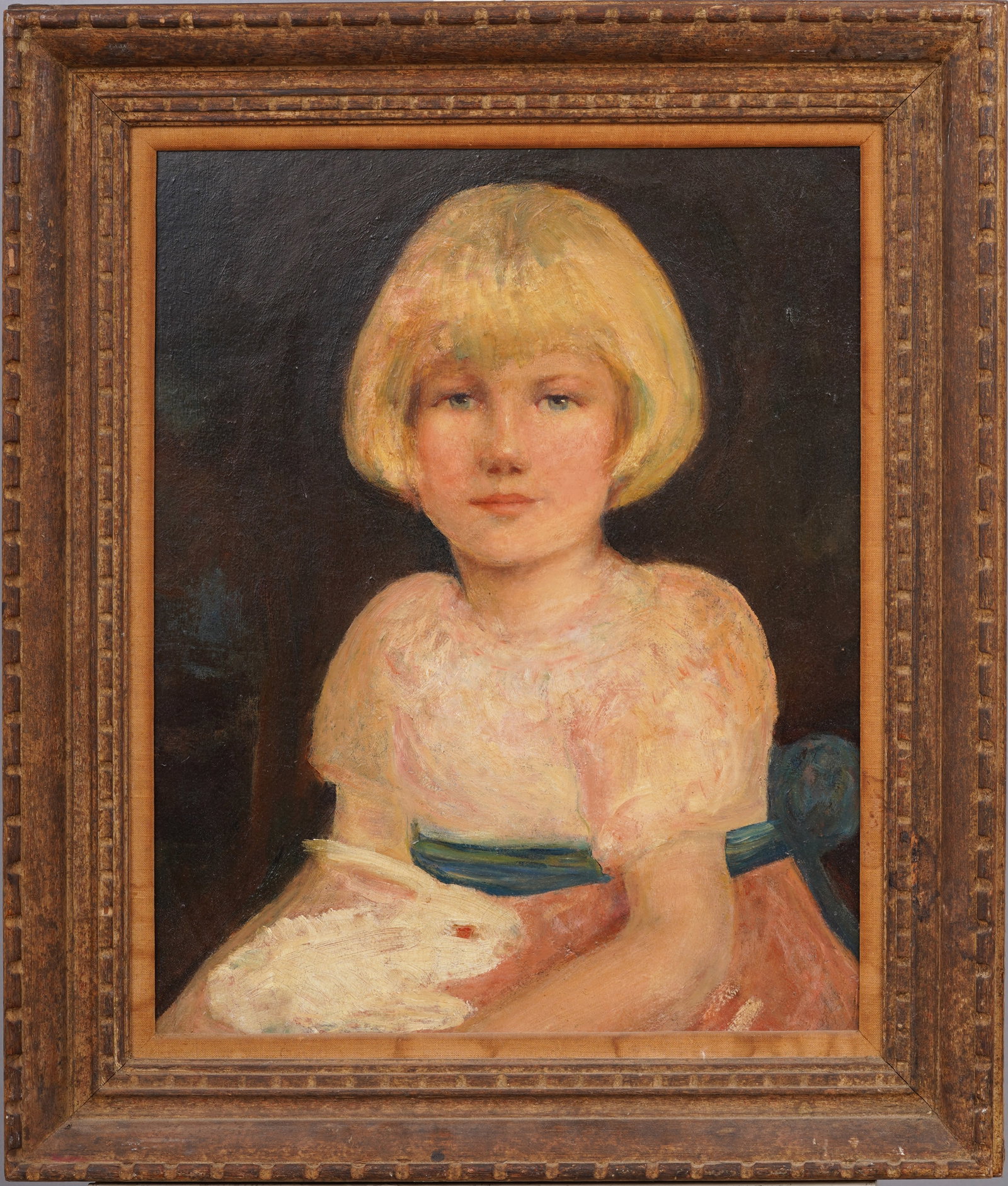 Antique American Impressionist Young Girl Portrait Bunny Rabbit Framed Original Oil Painting: Antique American oil painting. Oil on board. Framed. Please see all images for condition. Size is measured and written on the back of the painting. The first size is the overall size, the second size 