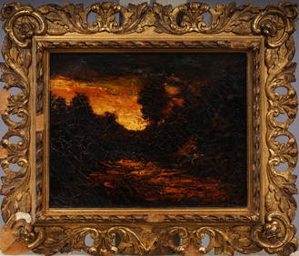 19th Century Blazing Sunset Hudson River School Antique Landscape Oil Painting ATTR Ralph Blakelock (1 of 6)