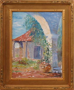 Antique American Impressionst California Mission Landscape Original Painting Newcomb Macklin Frame: Antique American impressionist oil painting. Oil on canvasboard. Signed. Framed. Please see all images for condition. Size is measured and written on the back of the painting. The first size is the ov