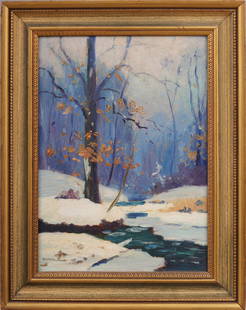 Bert Gardner Hansalpakar (1900 - 1989) Antique American Impressionist Winter Snow Forest Painting: Antique American oil painting by Bert Gardner Hansalpakar (1900 - 1989). Oil on board. Signed. Framed. Please see all images for condition. Size is measured and written on the back of the painting. Th