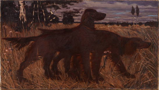 Large Important Impressionist Antique American Original Oil Painting Hunting Dog Landscape: Antique American oil painting. Oil on canvas. Signed. Please see all images for condition. Size is measured and written on the back of the painting. The first size is the overall size, the second size