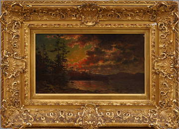 Antique American Hudson River School Sunset Landscape Framed Original Oil Painting