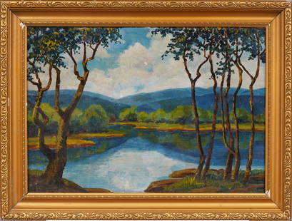 Antique American Impressionist Panoramic Summer Landscape Framed Original Oil Painting: Antique American oil painting. Oil on board. Framed. Please see all images for condition. Size is measured and written on the back of the painting. The first size is the overall size, the second size