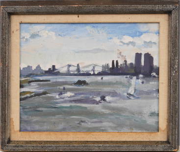 Antique American School Modernist New York Cityscape Framed Original Oil Painting: Antique American oil painting. Oil on canvas. Framed. Please see all images for condition. Size is measured and written on the back of the painting. The first size is the overall size, the second size