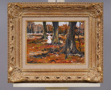 Vickie Johnson Signed Antique American Impressionist Fall Landscape Original Oil Painting: Antique American oil painting. Oil on canvas. Signed. Framed. Please see all images for condition. Size is measured and written on the back of the painting. The first size is the overall size, the sec