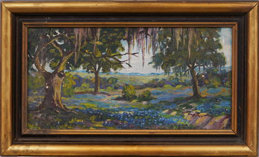 Antique American Impressionist Spanish Moss Texas Bluebonnet Landscape Original Oil Painting: Antique American oil painting. Oil on board. Framed. Please see all images for condition. Size is measured and written on the back of the painting. The first size is the overall size, the second size