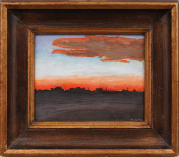 Mary Leath Signed Antique American Original Modernist Sunset Landscape Framed Oil Painting: Antique American oil painting. Oil on canvasboard. Signed. Framed. Please see all images for condition. Size is measured and written on the back of the painting. The first size is the overall size, th