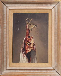 Rare Deer Taxidermy Butcher Shop Masculine Modern American Original Signed Oil Painting: Vintage American oil painting. Oil on canvas. Signed. Framed. Please see all images for condition. Size is measured and written on the back of the painting. The first size is the overall size, the sec