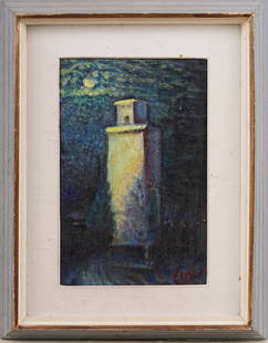 Antique American School Impressionist Moonlit Tower Signed Original Oil Painting: Antique American oil painting. Oil on board. Signed. Framed. Please see all images for condition. Size is measured and written on the back of the painting. The first size is the overall size, the seco