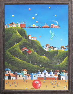 Magic Surrealist Modern Beach Latin American Vintage Signed Portocarrera Original Oil Painting: Antique American oil painting. Oil on canvas. Signed. Framed. Please see all images for condition. Size is measured and written on the back of the painting. The first size is the overall size, the sec