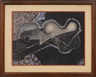 Antique American School Cubist Guitar Abstract Still Life Original Framed Signed Anker Painting: Antique American school pastel and pencil drawing. Signed. Framed. Please see all images for condition. Size is measured and written on the back of the painting. The first size is the overall size, th