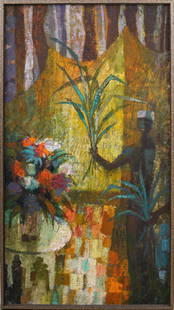 Monumental Moroccan Flower Seller Modernist Interior Scene Framed Signed Original Oil Painting: Antique Moroccan oil painting. Oil on canvas. Signed. Framed. Please see all images for condition. Size is measured and written on the back of the painting. The first size is the overall size, the sec