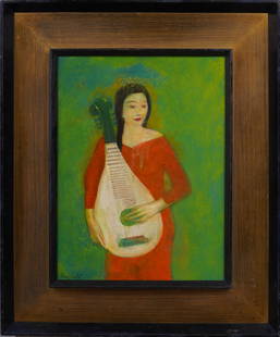 Abraham Pariente Signed Vintage American Modernist Mandolin Player Woman Portrait Oil Painting: Antique American modernist portrait oil painting by Abraham Pariente. Oil on board. Signed. Framed. Please see all images for condition. Size is measured and written on the back of the painting. The f