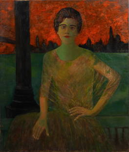 Antique American Modernist New York Cityscape Sunset Portrait Original Oil Painting: Antique American modernist oil painting. Oil on canvas. Please see all images for condition. Size is measured and written on the back of the painting. The first size is the overall size, the second si