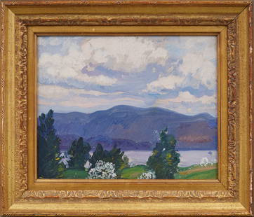 Antique American Early 1900s Modernist Hudson River Valley Landscape Framed Original Oil Painting: Antique American modernist oil painting. Oil on canvas, lain to board. Framed. Please see all images for condition. Size is measured and written on the back of the painting. The first size is the over