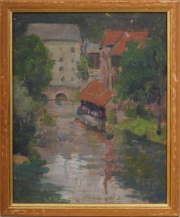 Antique European Impressionist Cityscape Canal Framed Original Oil Painting: Antique European oil painting. Oil on canvasboard. Framed. Please see all images for condition. Size is measured and written on the back of the painting. The first size is the overall size, the second