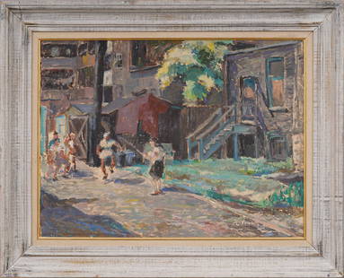 Antique American Southern School Ashcan Backyard Kids Playing Jump Rope Original Oil Painting: Antique American school painting. Watercolor and oil on board. Signed. Framed. Please see all images for condition. Size is measured and written on the back of the painting. The first size is the over