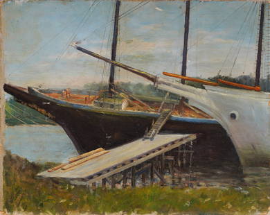 Antique American Impressionist Dry Dock Boat Yard Original Oil Painting: Antique American oil painting. Oil on board. Please see all images for condition. Size is measured and written on the back of the painting. The first size is the overall size, the second size is the i