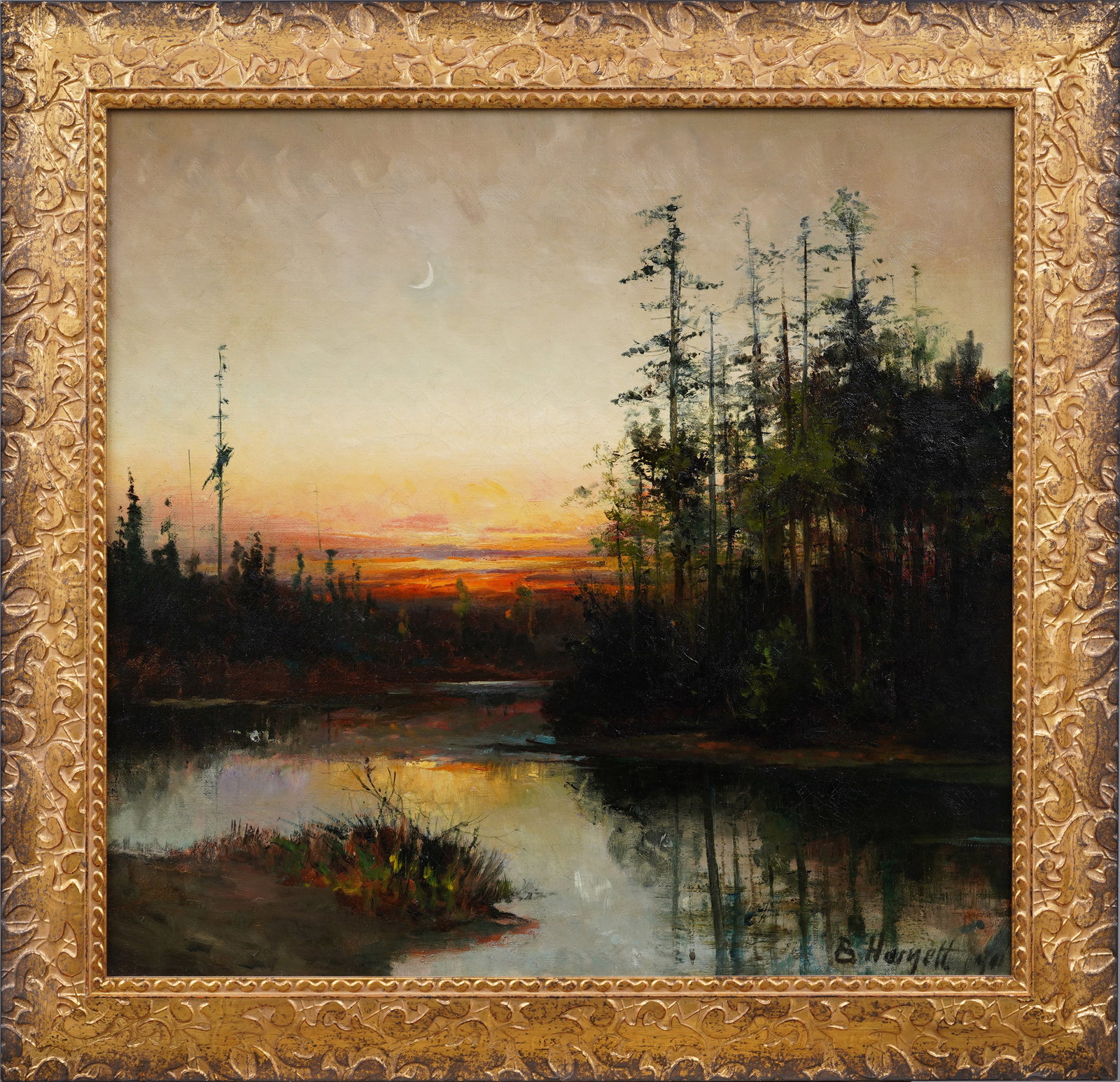 B. J. Harnett (1847 - 1914) Antique American Original Sunset Lake Moonlit Landscape Oil Painting (1 of 8)