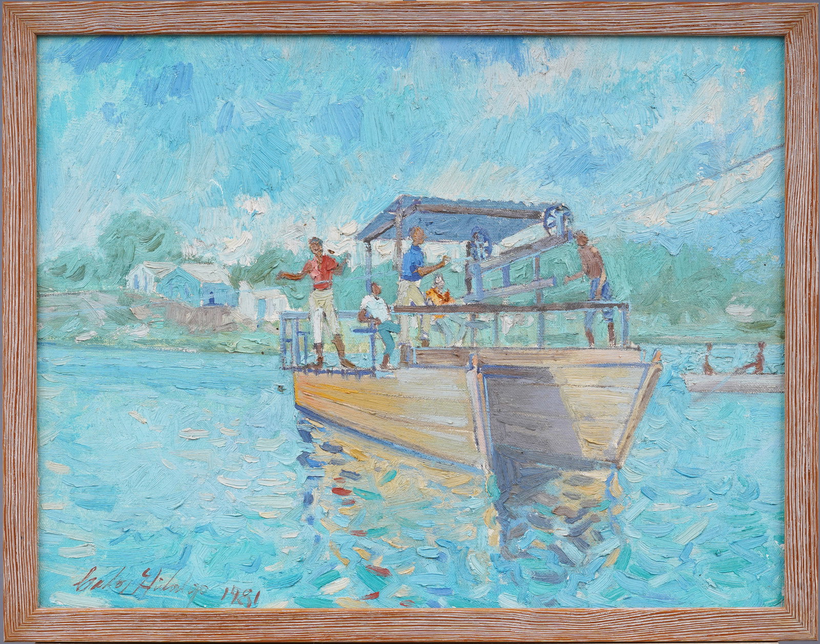 Vintage Impressionist Seascape Men Fishing Framed Oil Painting Signed Hidalgo (1 of 6)