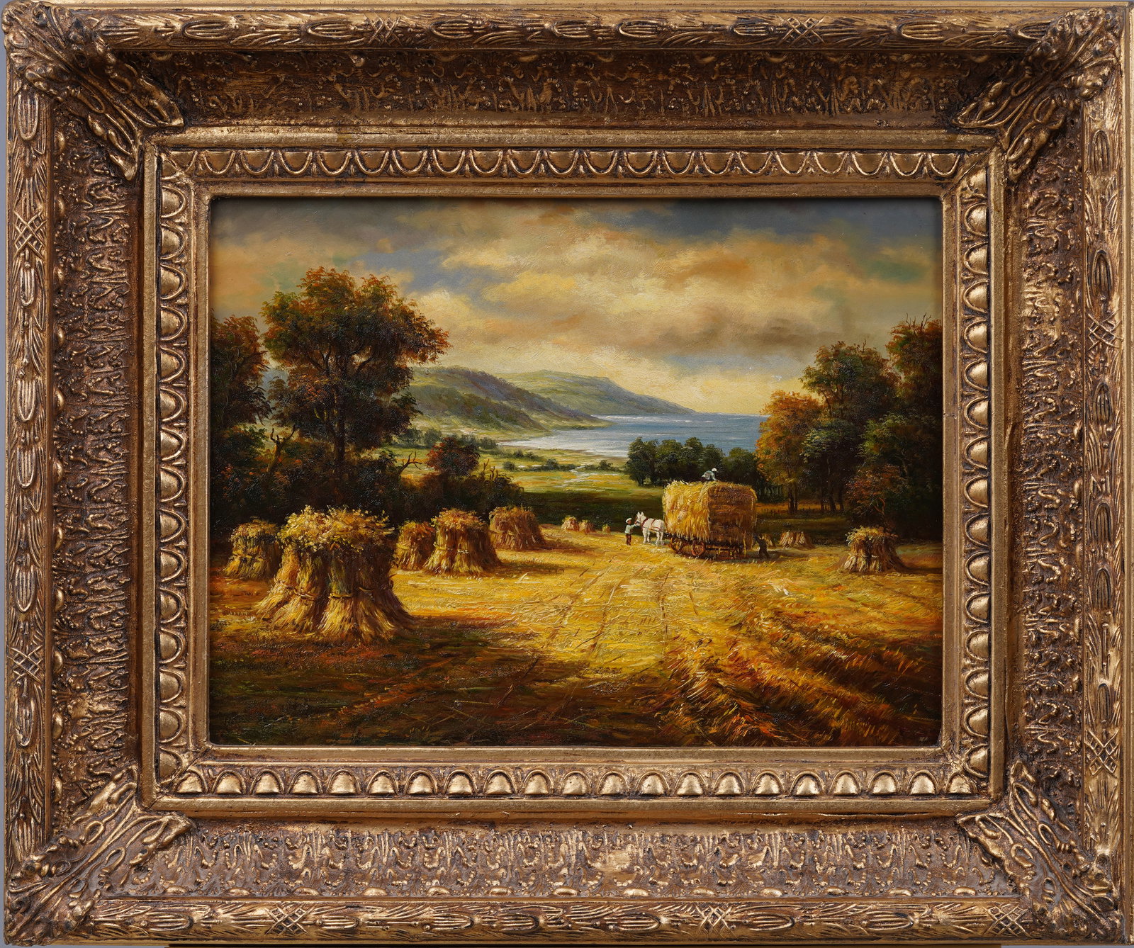 Antique American Hay Harvest River Landscape Framed Original Impressionist Oil Painting (1 of 7)