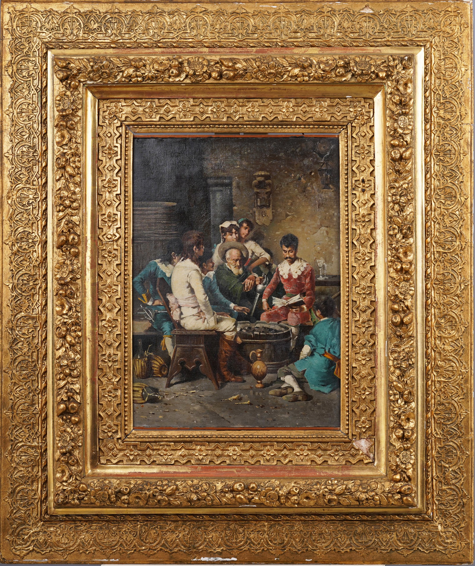 Incredible Italian Interior Scene Genre Painting Period Wide Giltwood Antique Frame (1 of 5)