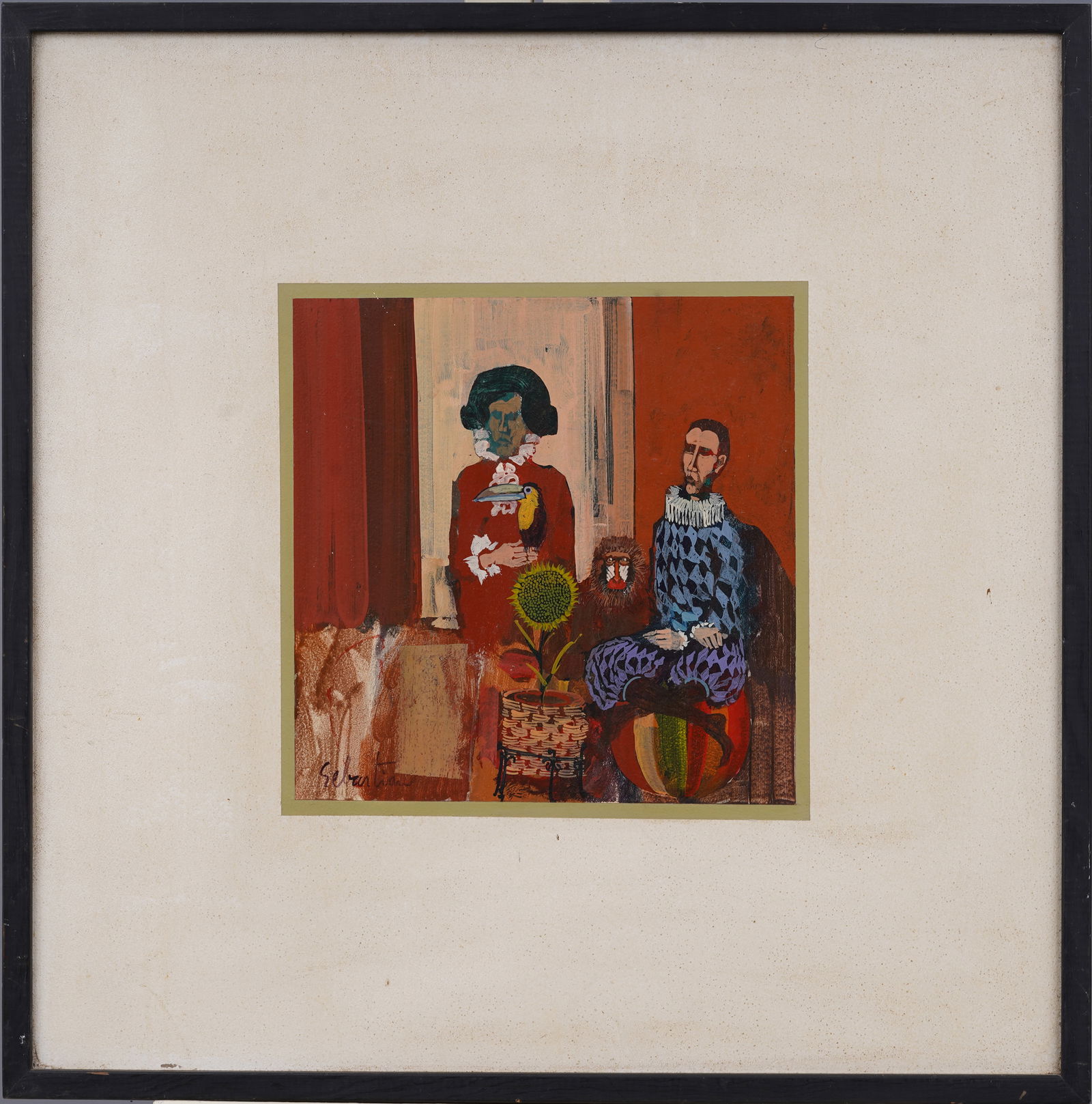 Antique Spanish Signed Surrealist Interior Scene Monkey, Toucan and SunFlower Original Oil Painting (1 of 7)