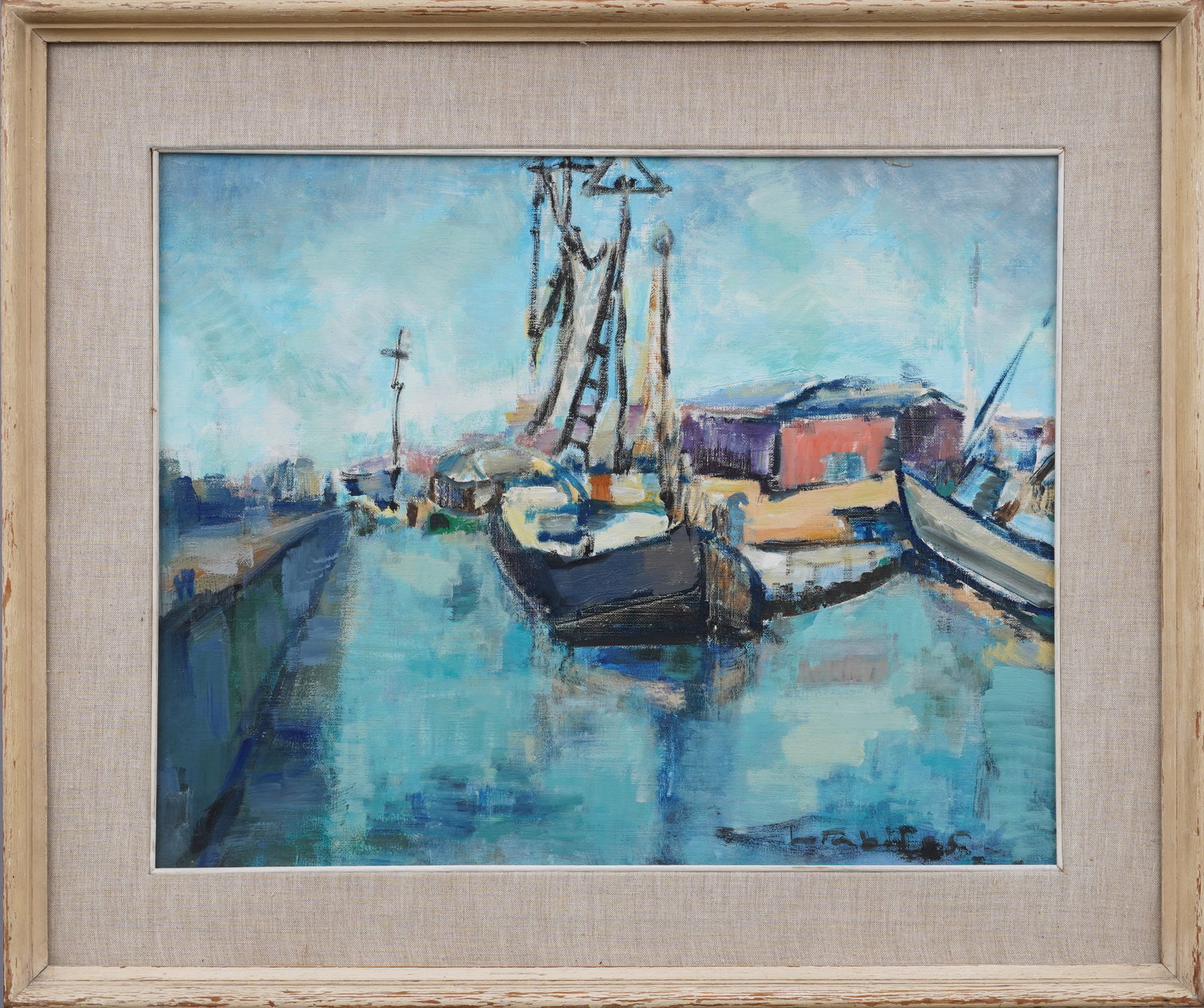 Vintage Italian Modernist Coastal Fishing Town Signed Impressionist Framed Oil Painting: Antique Italian seascape oil painting of Darsena Viareggio. Oil on canvas. Signed. Framed. Please see all images for condition. Size is measured and written on the back of the painting. The first size