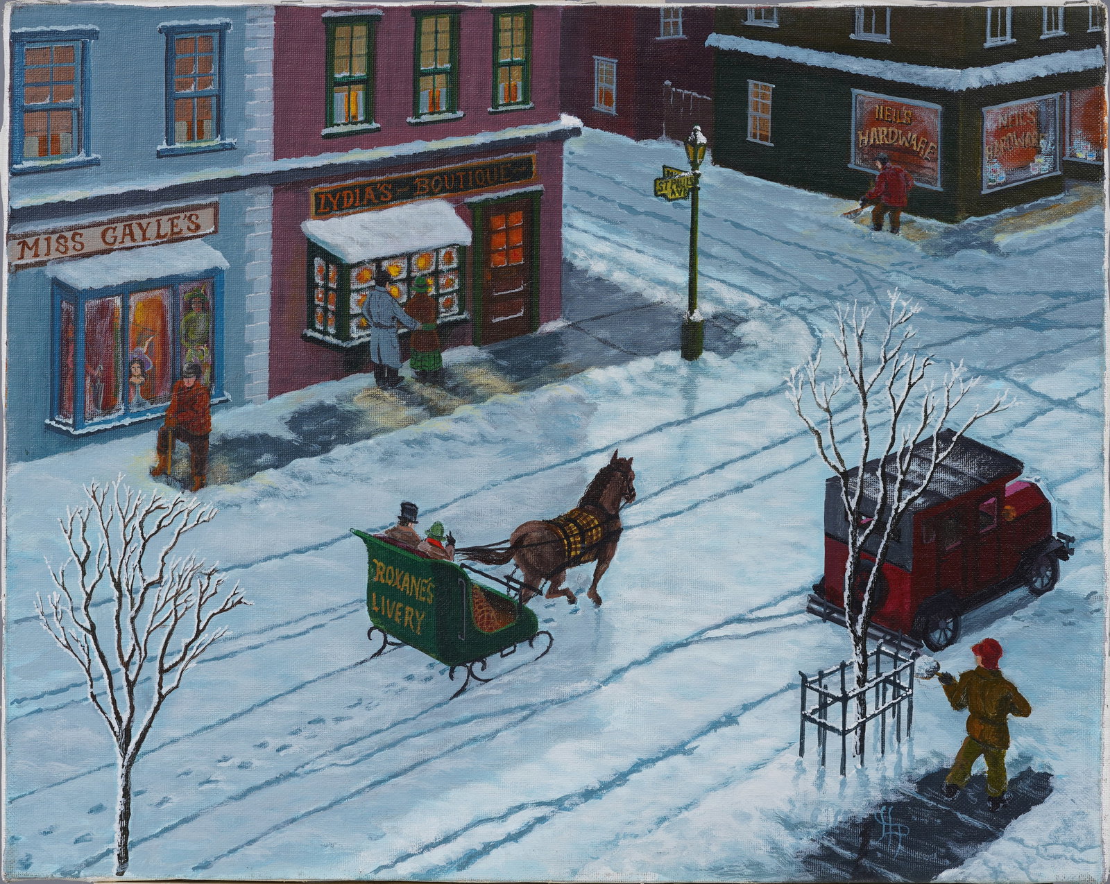Vintage WPA American Winter Town Landscape Horse Drawn Carriage Street Scene Painting (1 of 5)