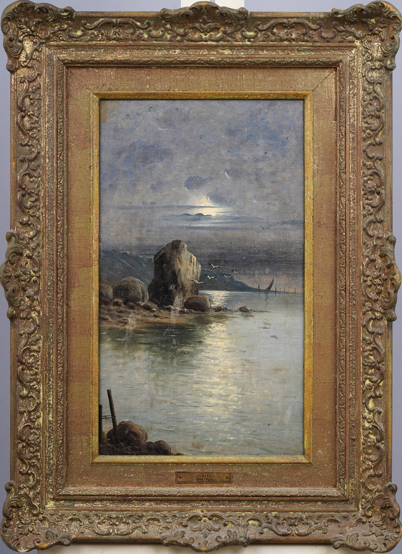 Antique French Impressionist Moonlit Coastal Seascape Nocturnal Framed Oil Painting: Antique French impressionist seascape oil painting. Oil on canvas. Signed. Framed. Please see all images for condition. Size is measured and written on the back of the painting. The first size is the 