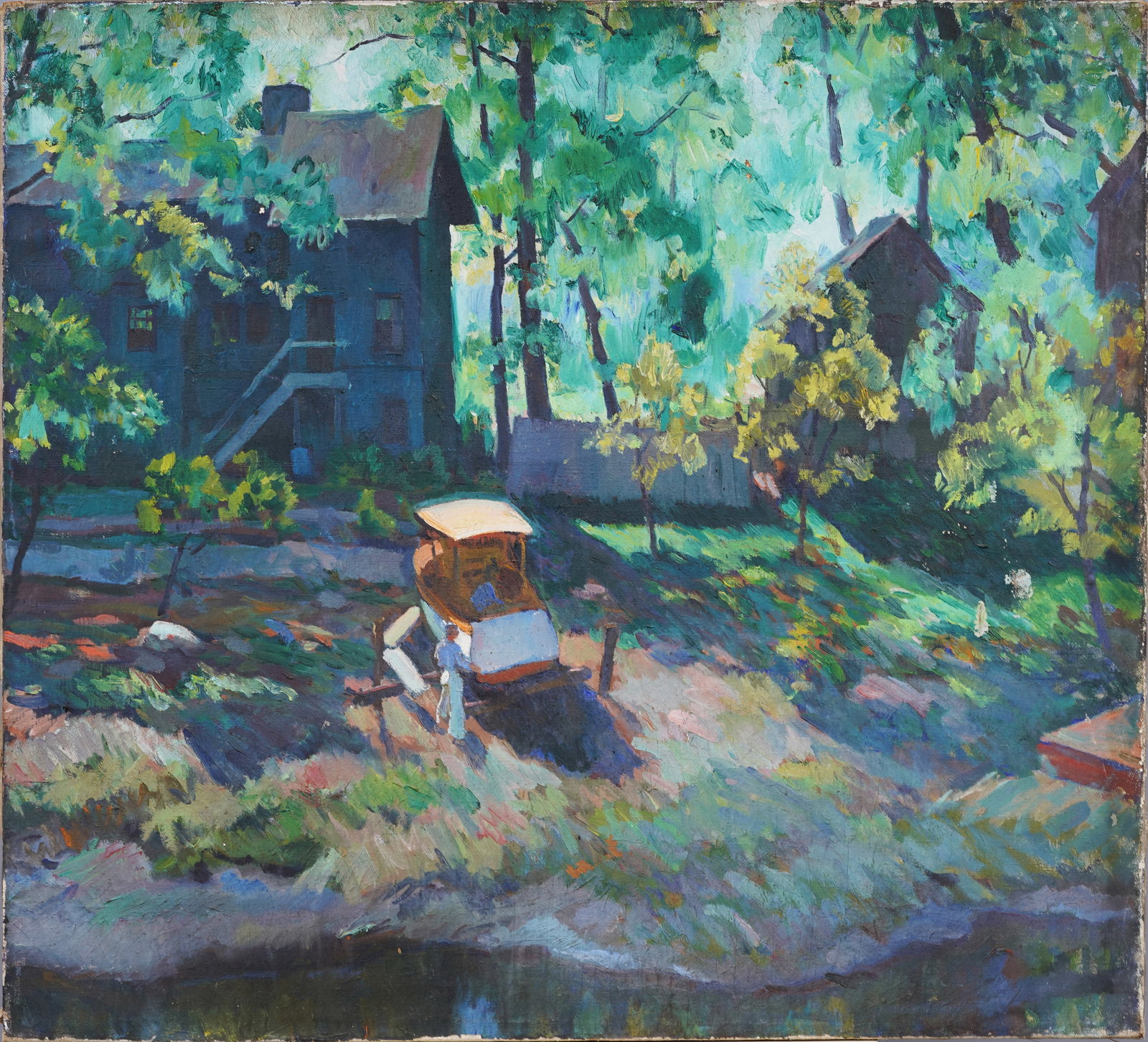 Large Antique American Impressionist New Hope PA Deleware River Men Working at Boat Painting (1 of 5)