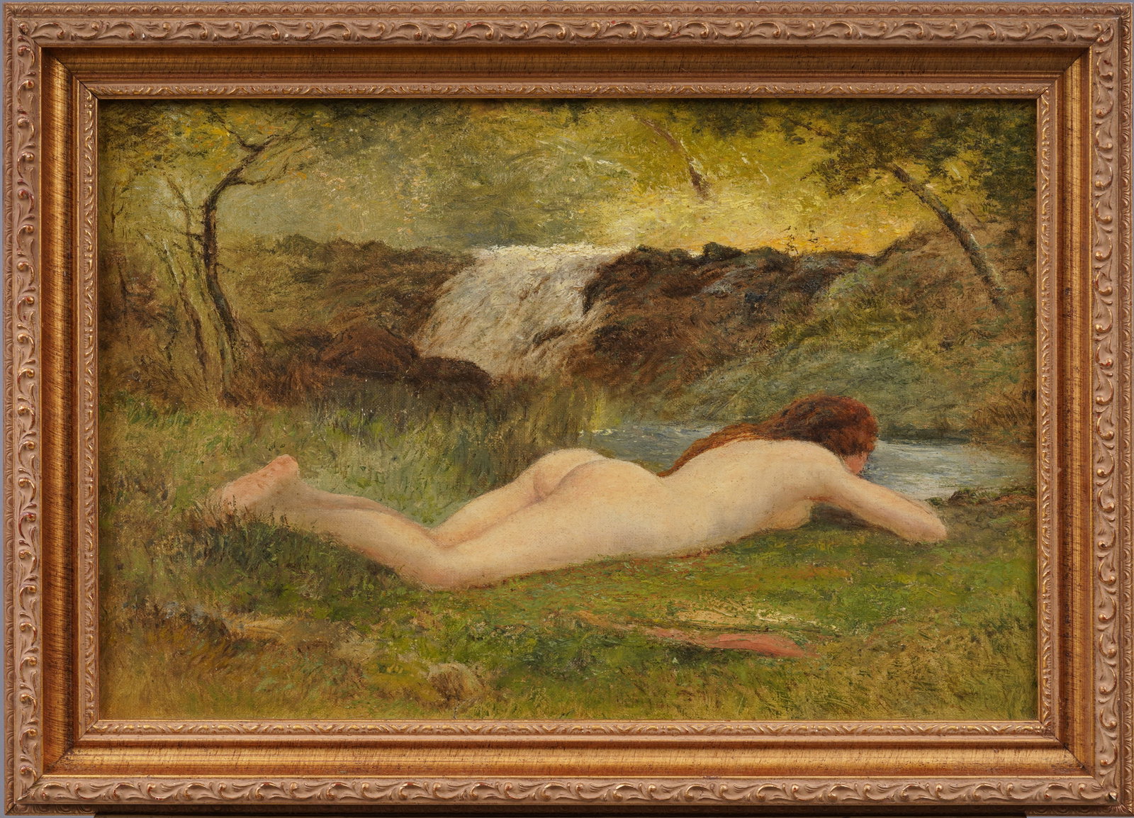 Antique American Impressionist Nude Woman Bather Landscape Original Framed Oil Painting: Antique American impressionist oil painting. Oil on canvas. Framed. Please see all images for condition. Size is measured and written on the back of the painting. The first size is the overall size, t
