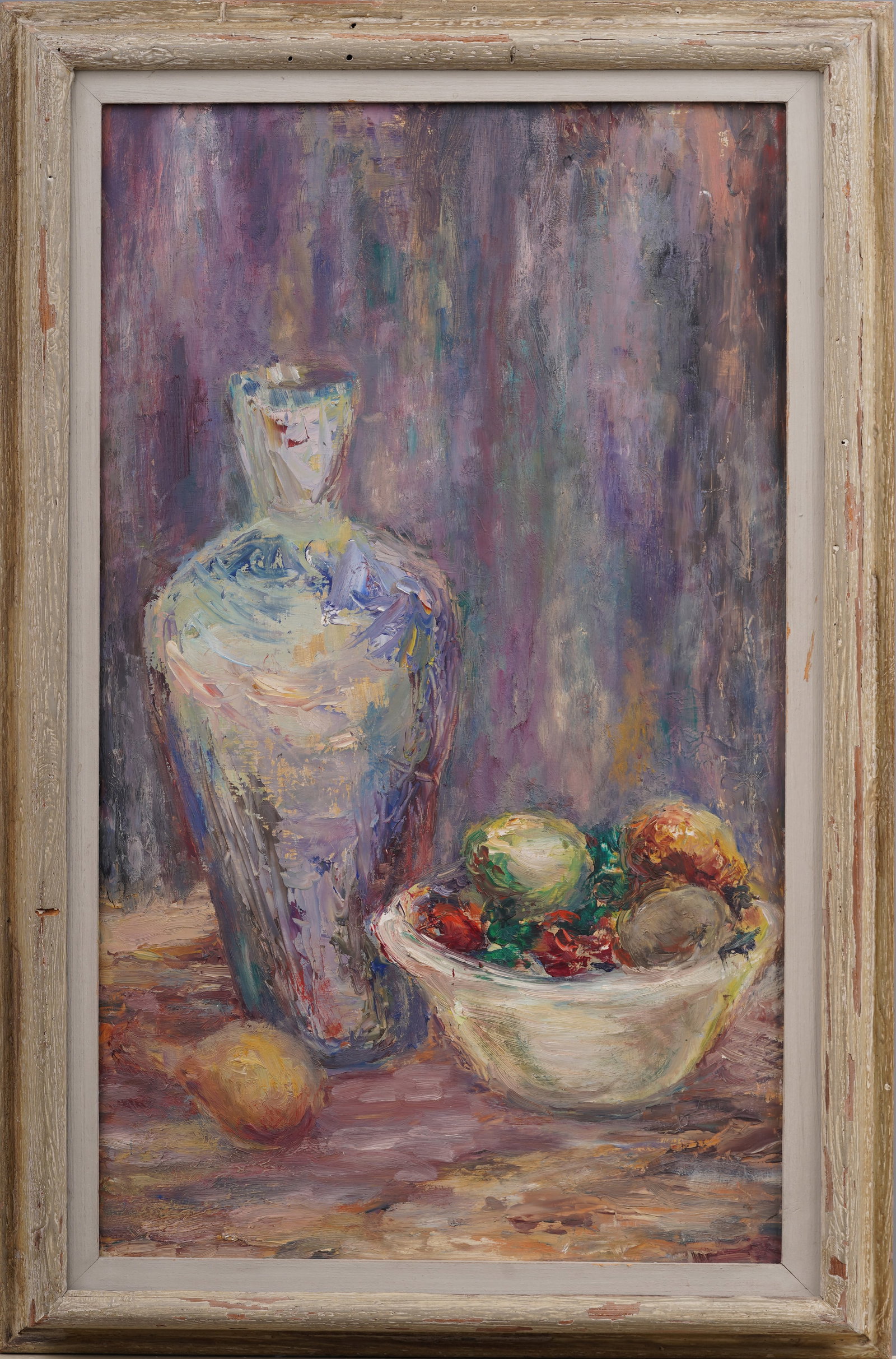Nicely Framed American Impressionist Fruit Still Life Kitchen Table Oil Painting: Antique American oil painting. Oil on board. Signed verso. Framed. Please see all images for condition. Size is measured and written on the back of the painting. The first size is the overall size, th