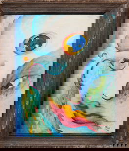Vinage Mid Century Modern Psychedelic Abstract Surreal Moon Framed Oil Painting: Vintage American school signed oil painting. Oil on canvas. Signed. Framed. Please see all images for condition. Size is measured and written on the back of the painting. The first size is the overall