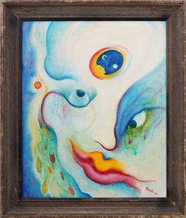 Vinage Mid Century Modern Psychedelic Abstract Surreal Moon Framed Oil Painting: Vintage American school signed oil painting. Oil on canvas. Signed. Framed. Please see all images for condition. Size is measured and written on the back of the painting. The first size is the overall