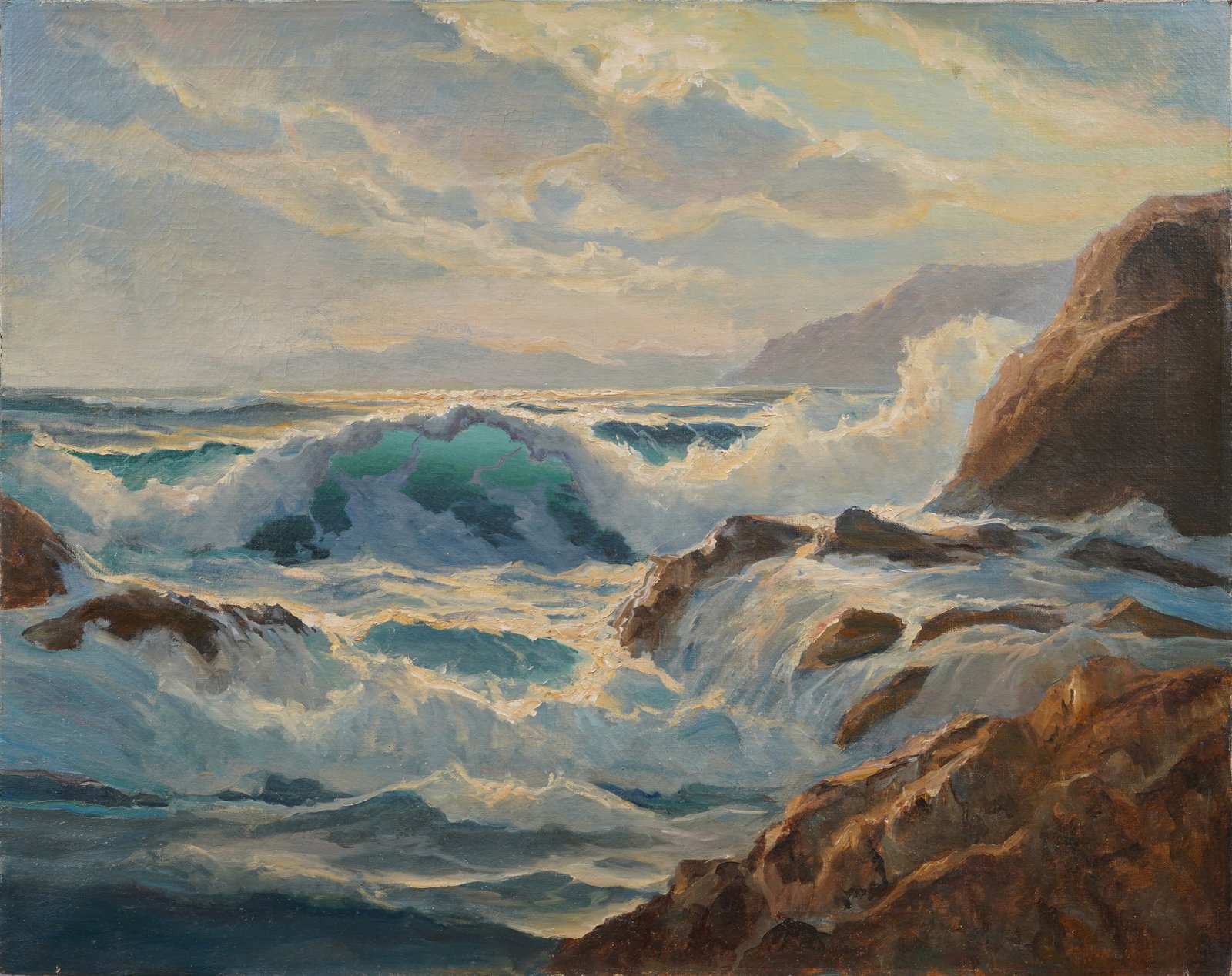 Antique American Impressionist Coastal Seascape Crashing Surf Original Oil Painting: Antique American impressionist seascape oil painting. Oil on canvas. Please see all images for condition. Size is measured and written on the back of the painting. The first size is the overall size, 
