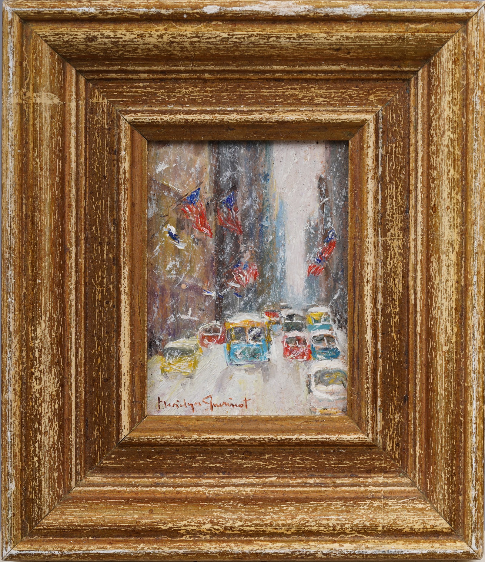 Marilyn Guerinot (B.1947) Antique American Impressionist New York City Street Scene Oil Painting: Vintage American impressionist New York City street scene with American flags by Marilyn Guerinot (B.1947). Oil on board. Signed. Framed. Please see all images for condition. Size is measured and writ