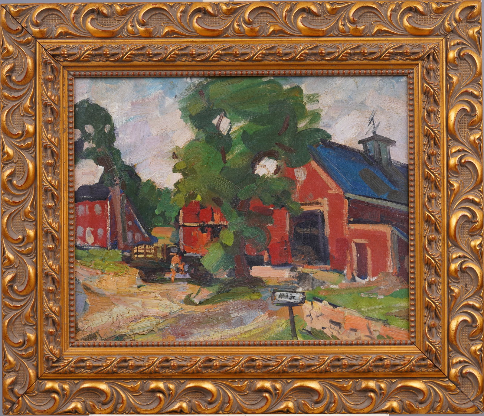 Henry Curtis Ahl, Jr. (1905 - 1996) Antique American Impressionist Framed Original Oil Painting: Antique American impressionist painting of a young shirtless man working on his farm and truck. Oil on canvasboard by Henry Curtis Ahl, Jr. (1905-1996). Signed. Framed. Please see all images for condi