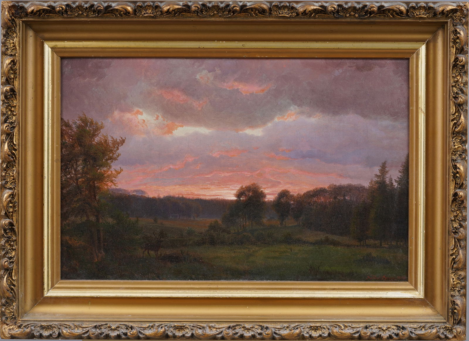Nordahl Grove (1822 - 1885) Important Danish 19th Century Sunset Landscape Oil Painting with Deer (1 of 6)
