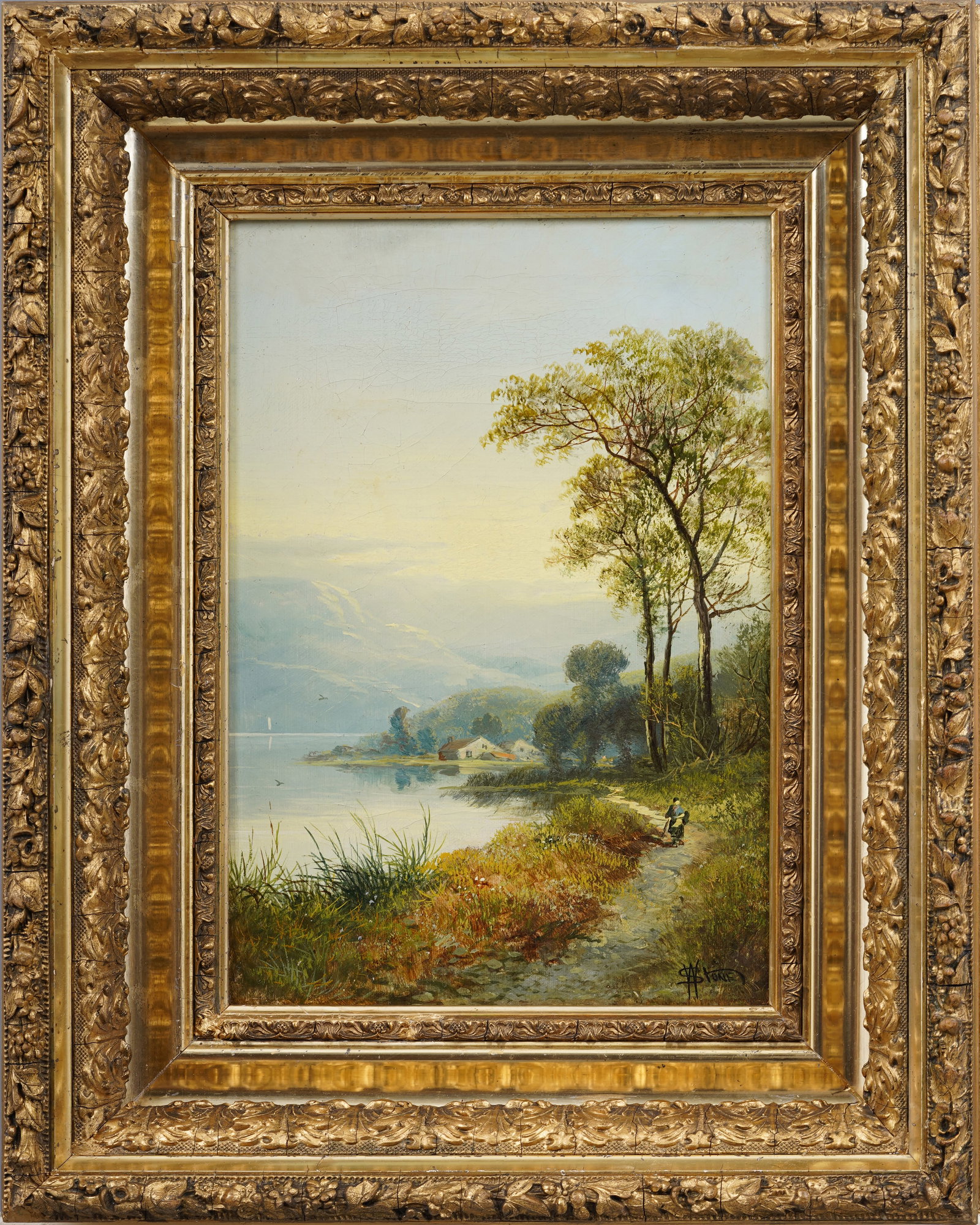 William Stone (1842 - 1913) Antique American English Landscape Framed Original Oil Painting: Antique English American oil painting by William Stone (1842 - 1913). Oil on canvas. Signed. Framed. Please see all images for condition. Size is measured and written on the back of the painting. The