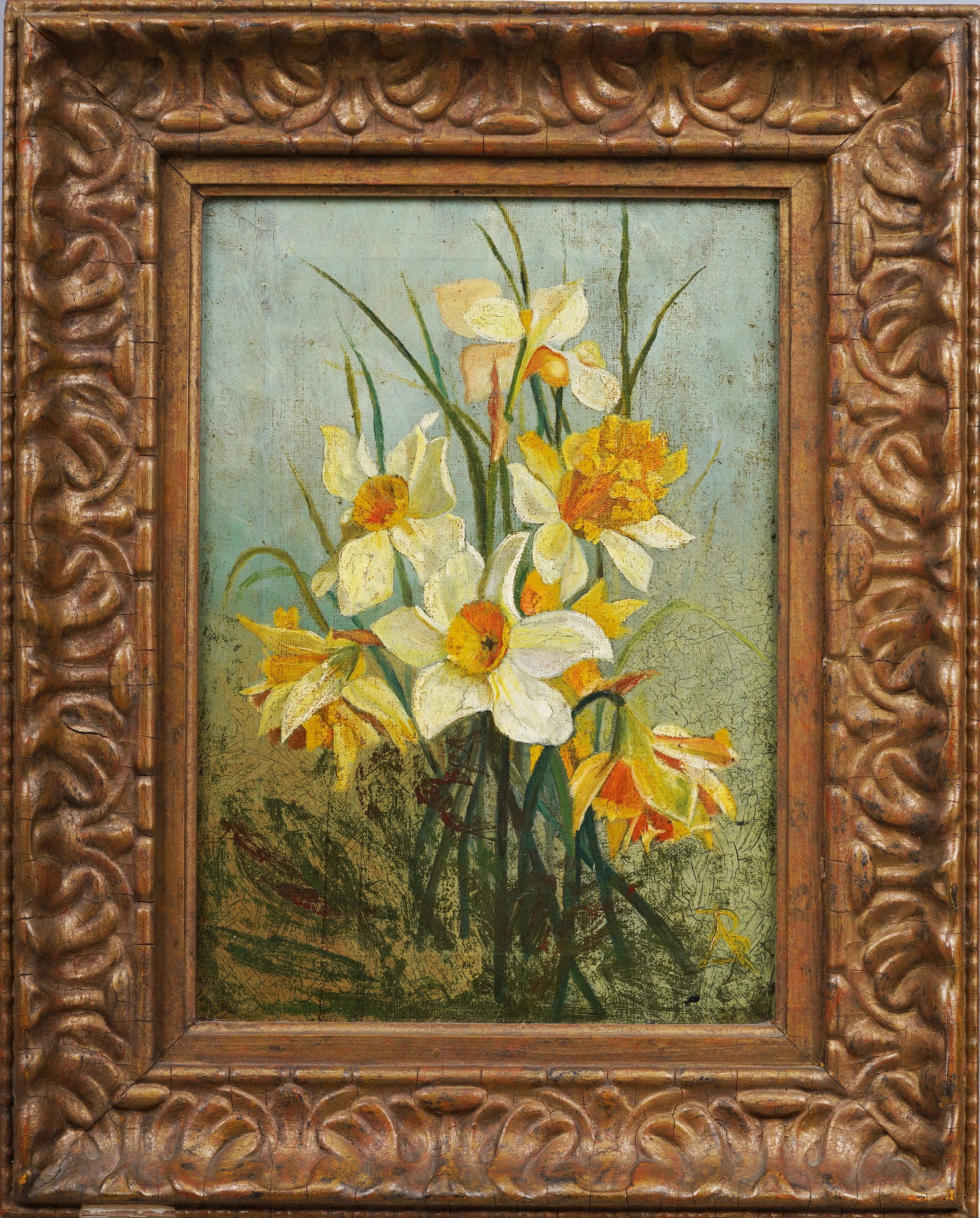 Antique English Finely Framed 19th Century Monogrammed Daffodil Flower Still Life Oil Painting (1 of 8)