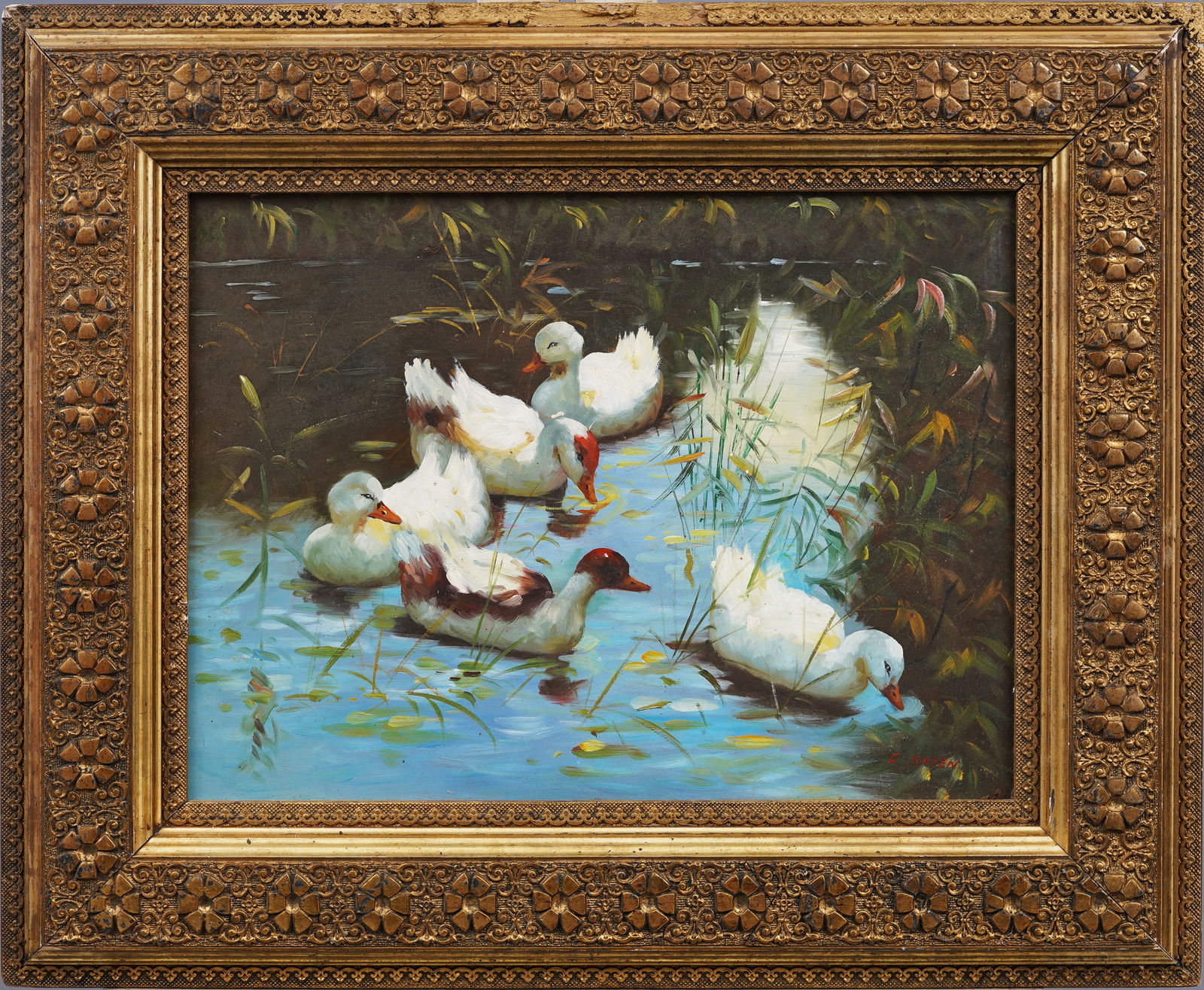 Signed Antique American Impressionist Duck Pond Boston School Framed Original Oil Painting (1 of 6)