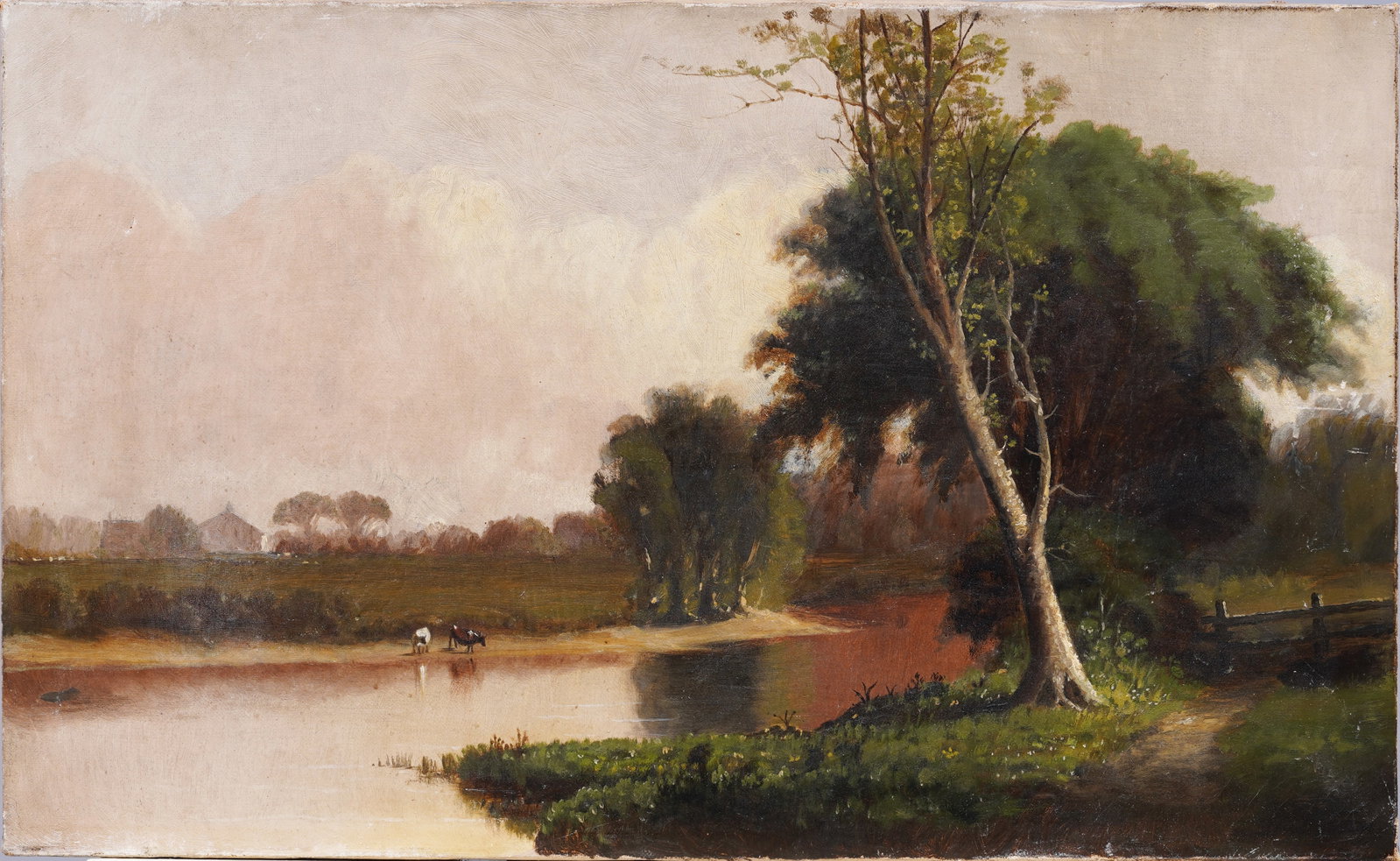 Antique American Hudson River School Cow Grazing Landscape Original Oil Painting: Antique American oil painting. Oil on canvas. Measuring 12 by 20 inches. Please see all images for condition. Size is measured and written on the back of the painting. The first size is the overall si