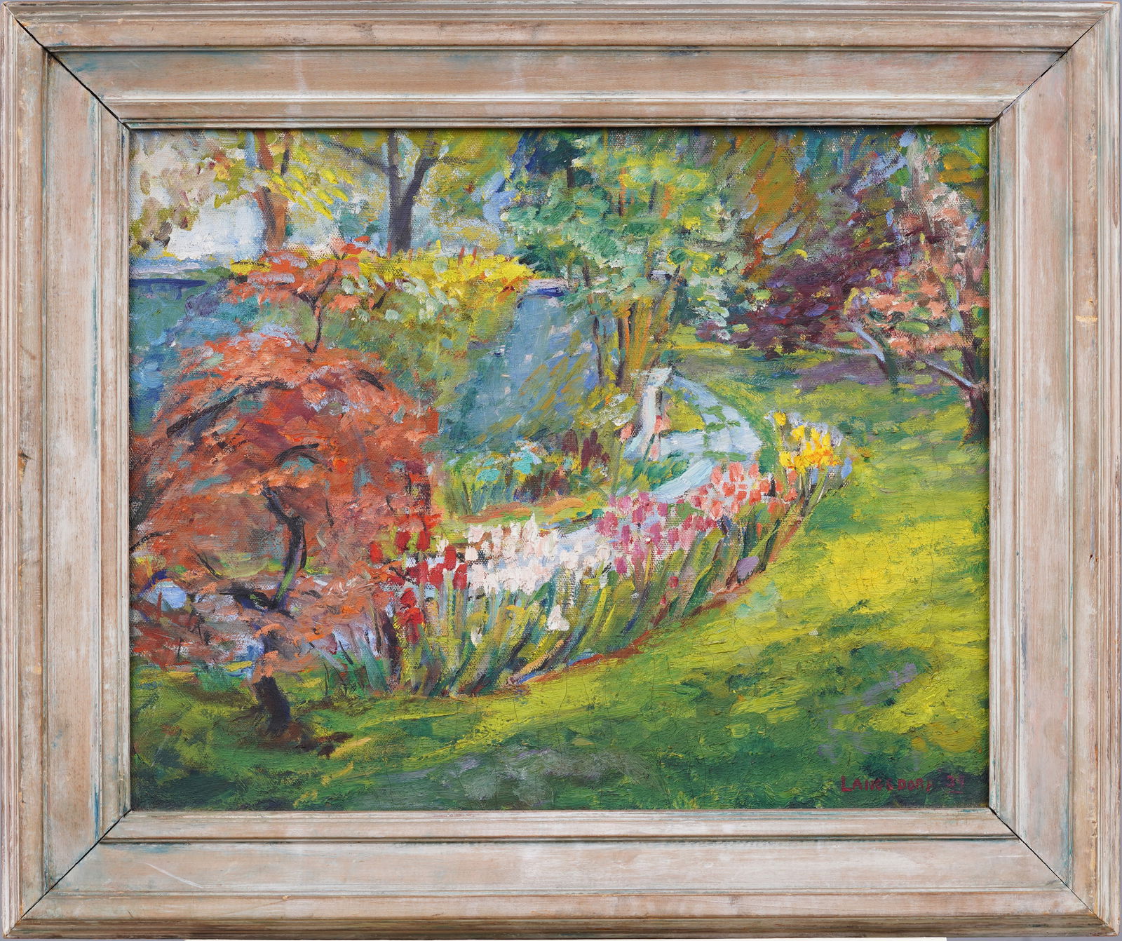 Langsdorf 1939 Antique American Impressionist Flower Garden Landscape Framed Original Oil Painting (1 of 6)