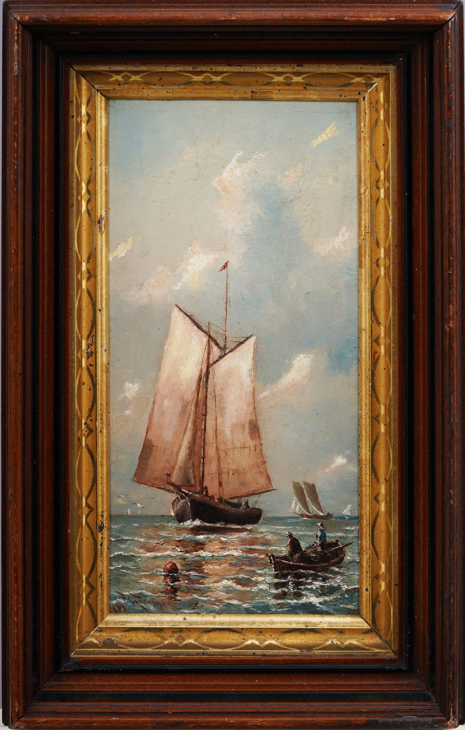 Antique Signed Framed American School Nautical Seascape Sailboat Original Oil Painting (1 of 6)