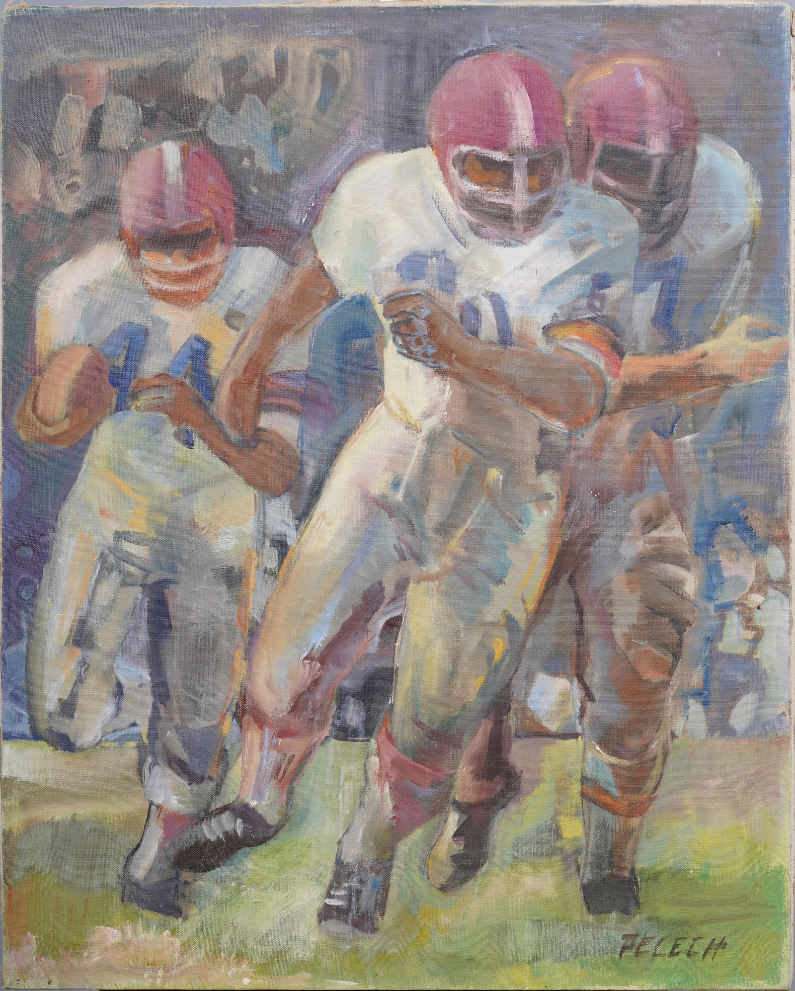 Vintage American Illustration Sporting Art Signed Football Oil Painting (1 of 8)
