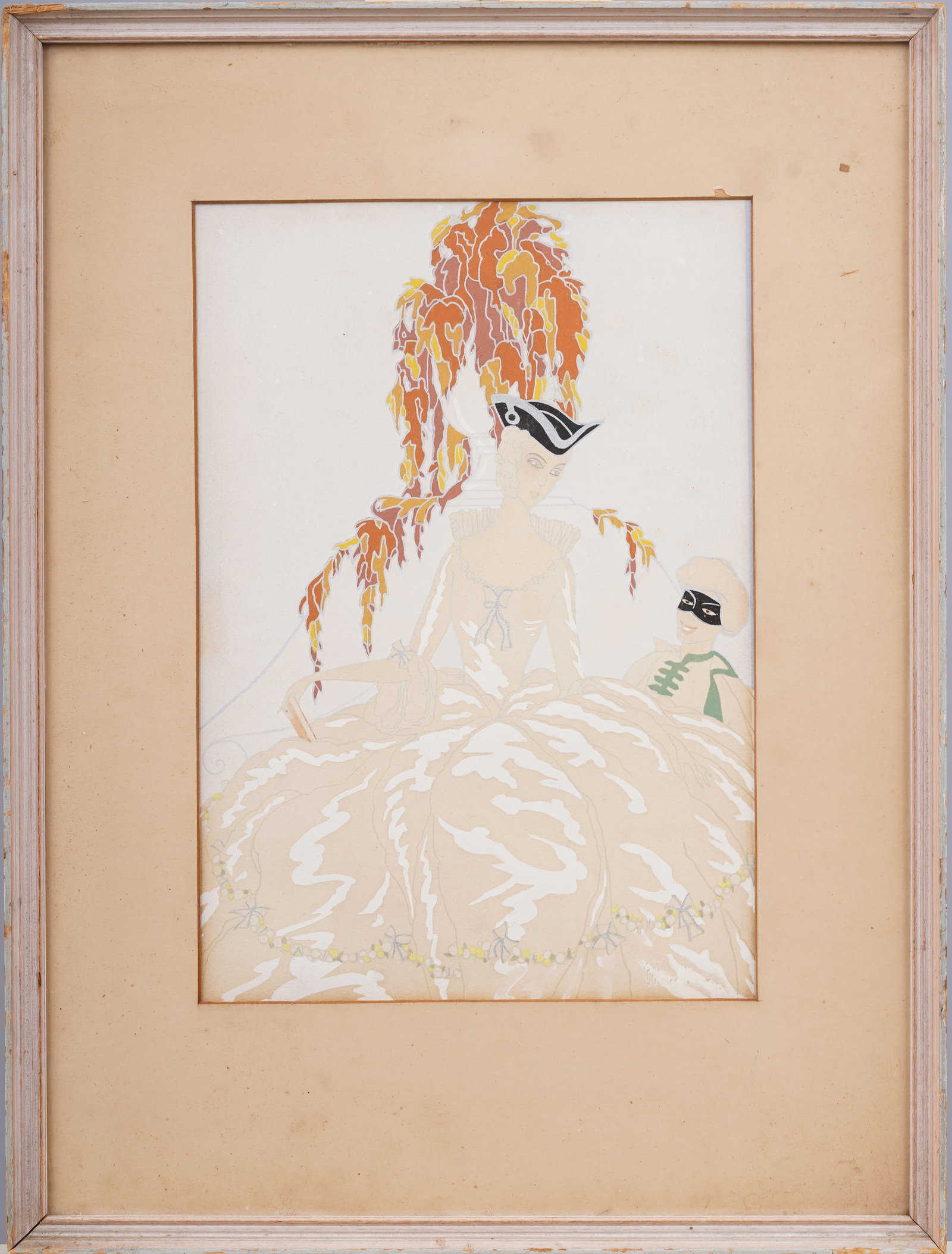 Antique Art Deco Masquerade Fashionable Women Portrait Painting: Antique American school painting. Watercolor and gouache on paper. Framed. Please see all images for condition. Size is measured and written on the back of the painting. The first size is the overall 